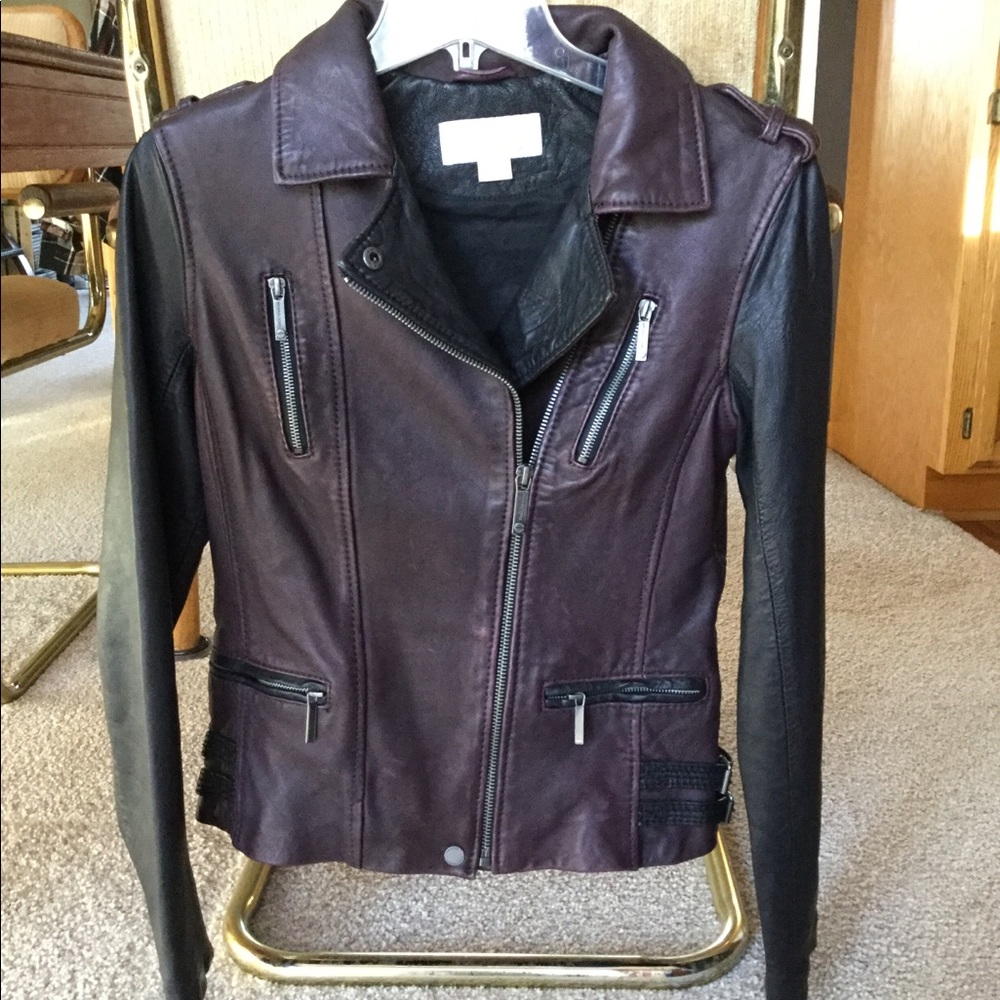 Michael Kors Burgundy & Black Moto Leather Jacket